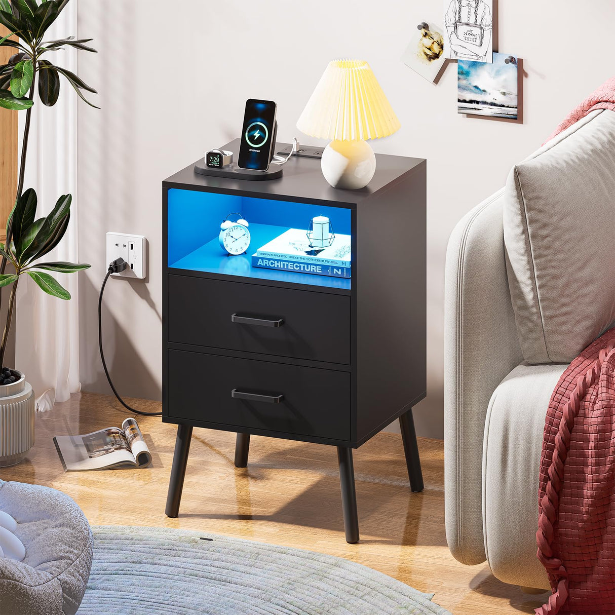 Nightstand with Charging Station and LED Lights, Night Stand with Drawers and Open