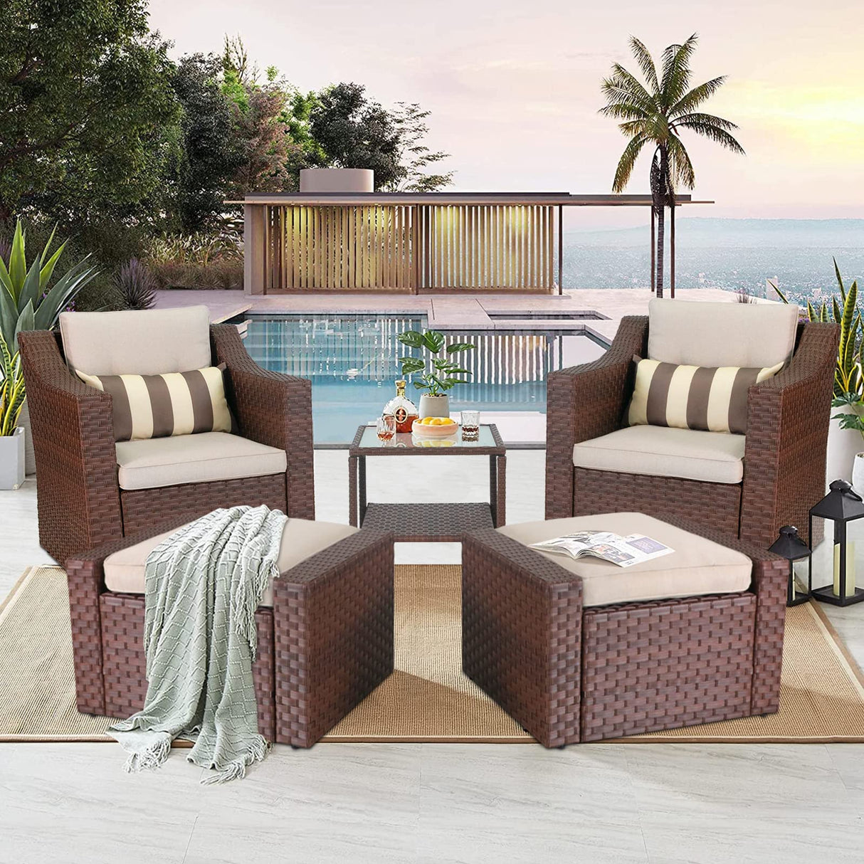 5 Piece Patio Conversation Set Outdoor Furniture Set, Brown Wicker Lounge Chair