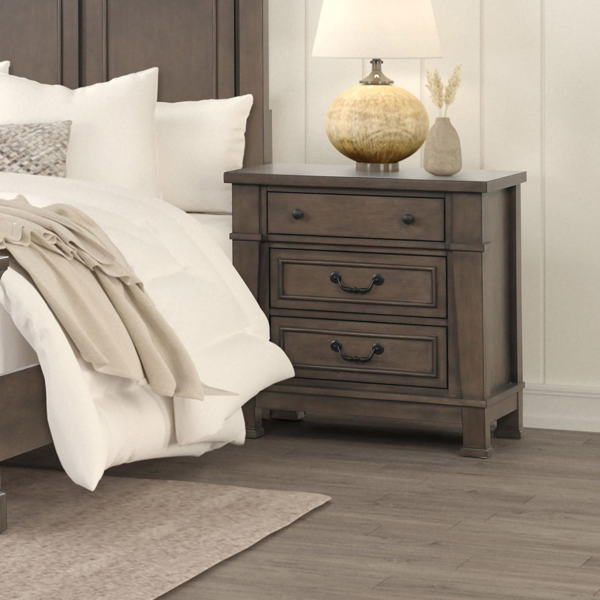 Thorne Transitional Solid Wood 3-Drawer Nightstand