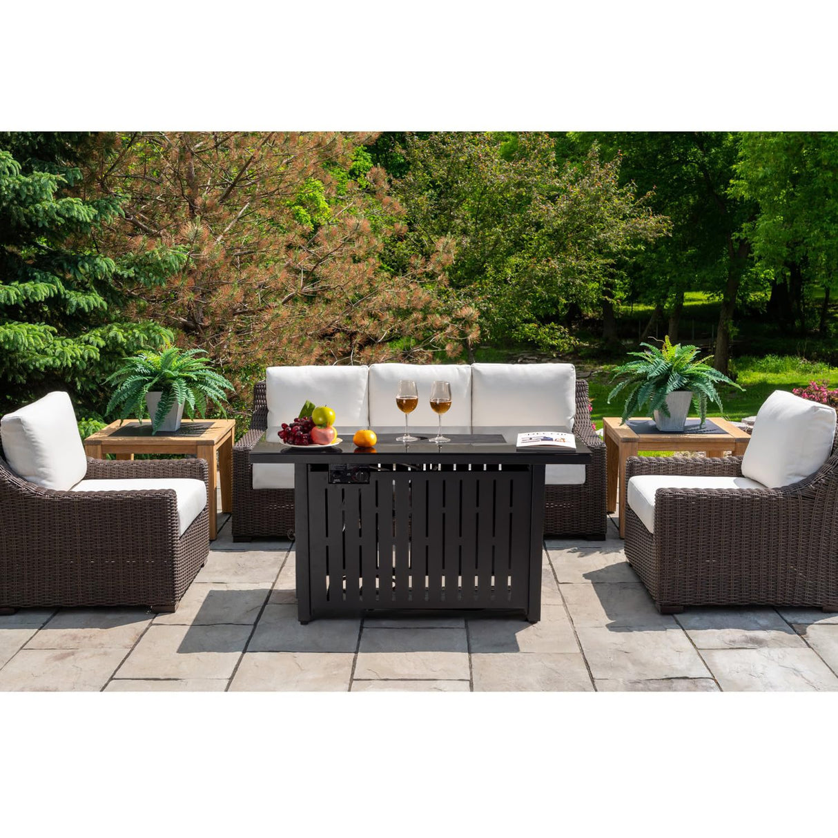 Flamaker Gas Fire Pit Table 43 inch 50000 BTU Outdoors Gas Propane Firepits with Tempered Glass Desktop, Lid & Lava Rock and Waterproof Cover for Deck, Backyard, Patio - Bircata