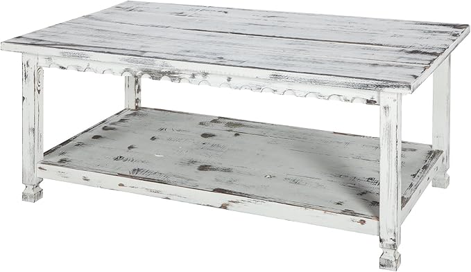 Rustic Rectangular Coffee Table w/1 Shelf in Distressed White Antique Finish