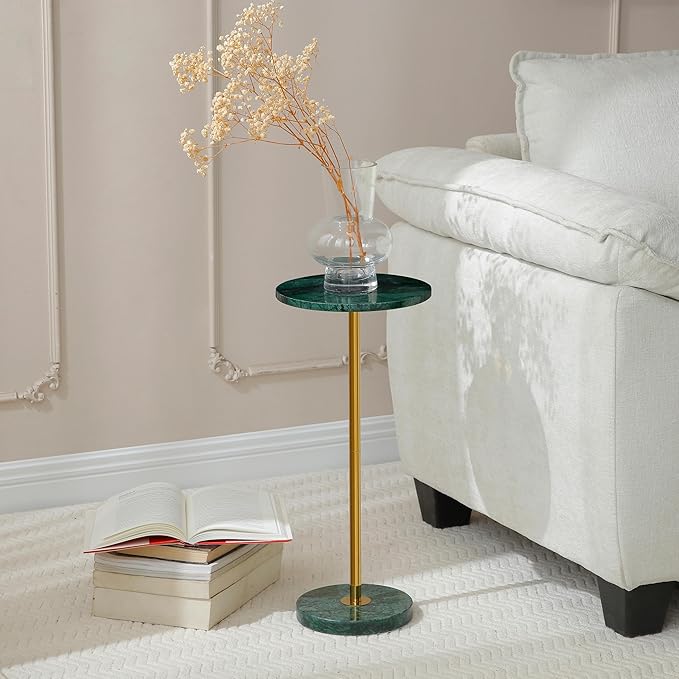 9.8-inch Marble Round Drink Table, Stone Finish Top Pedestal End Table for Living Room