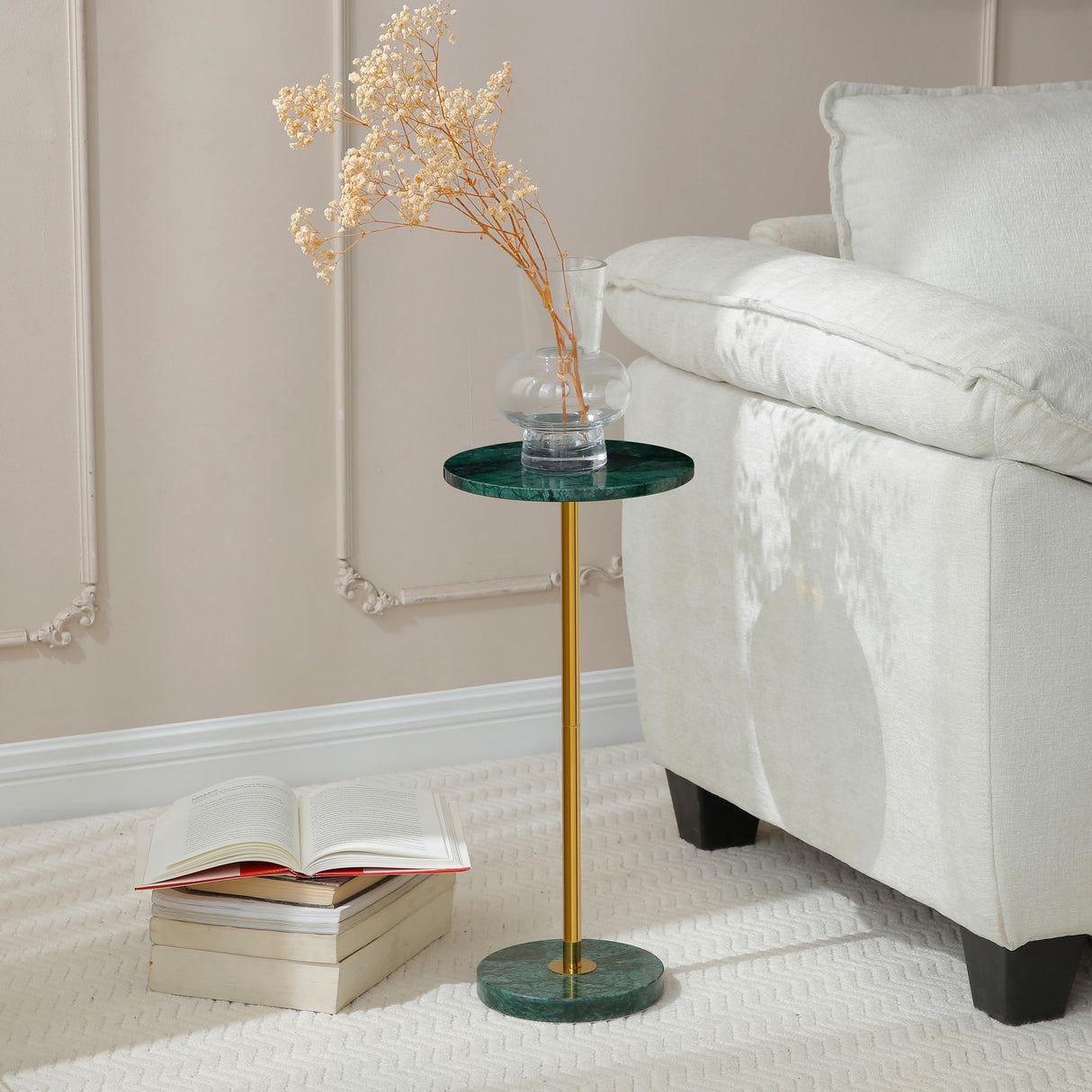 9.8-inch Marble Round Drink Table, Stone Finish Top Pedestal End Table for Living Room