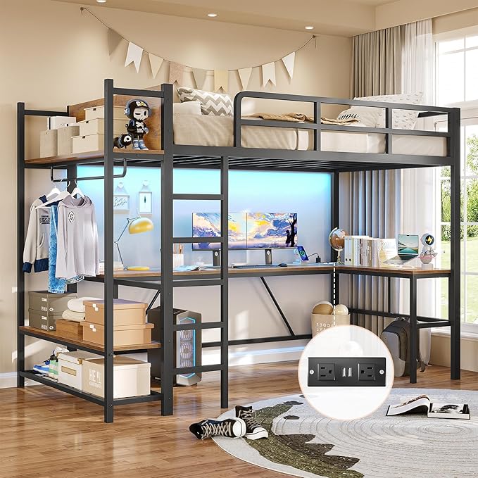 Loft Bed with L-Shaped Desk, LED Lights and Charging Sation, Loft Bed Twin Size with