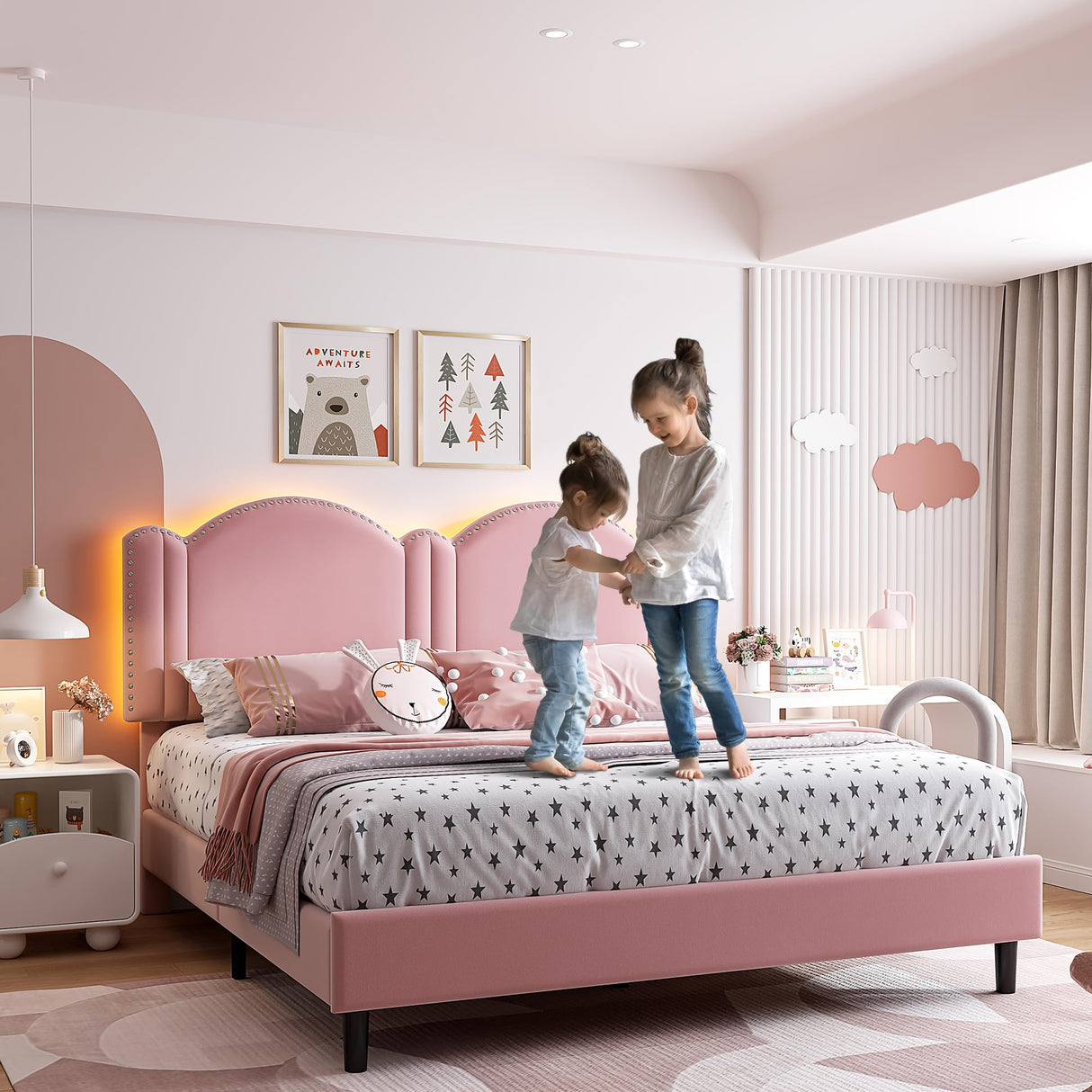 Full Upholstered Smart LED Bed Frame,Princess Platform Bed Frame