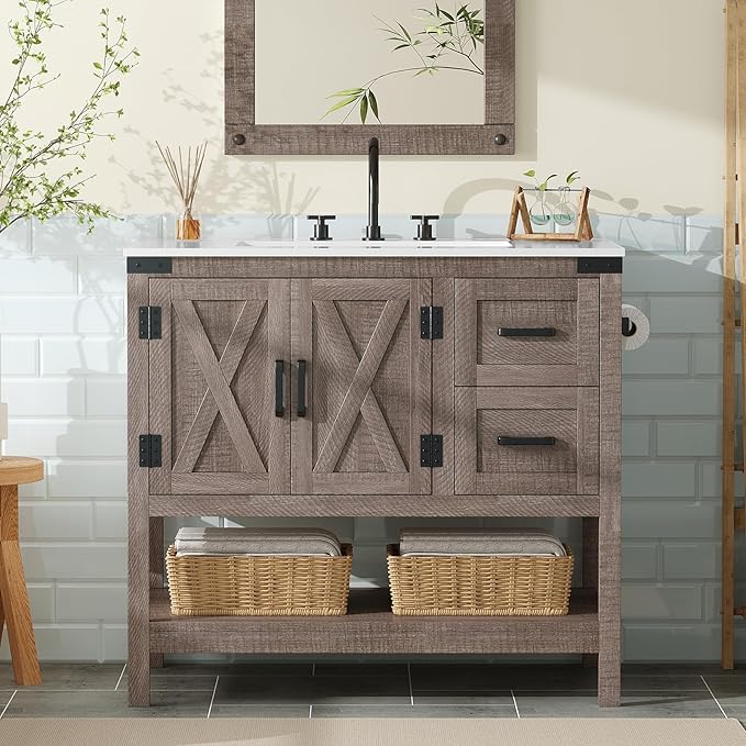 Bathroom Vanity with Sink Combo, Wood Barn Door Freestanding Small Single Bath Storage Cabinet Set