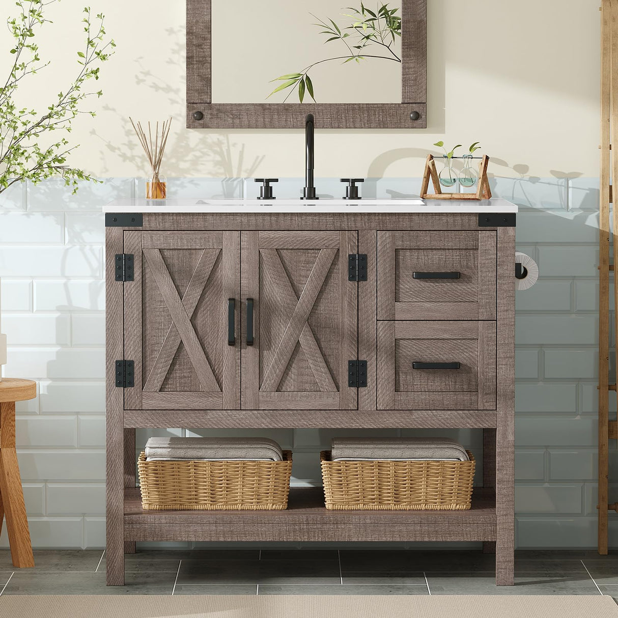 36" Farmhouse Bathroom Vanity with Sink Combo, Wood Barn Door Freestanding Small Single Bath Storage Cabinet