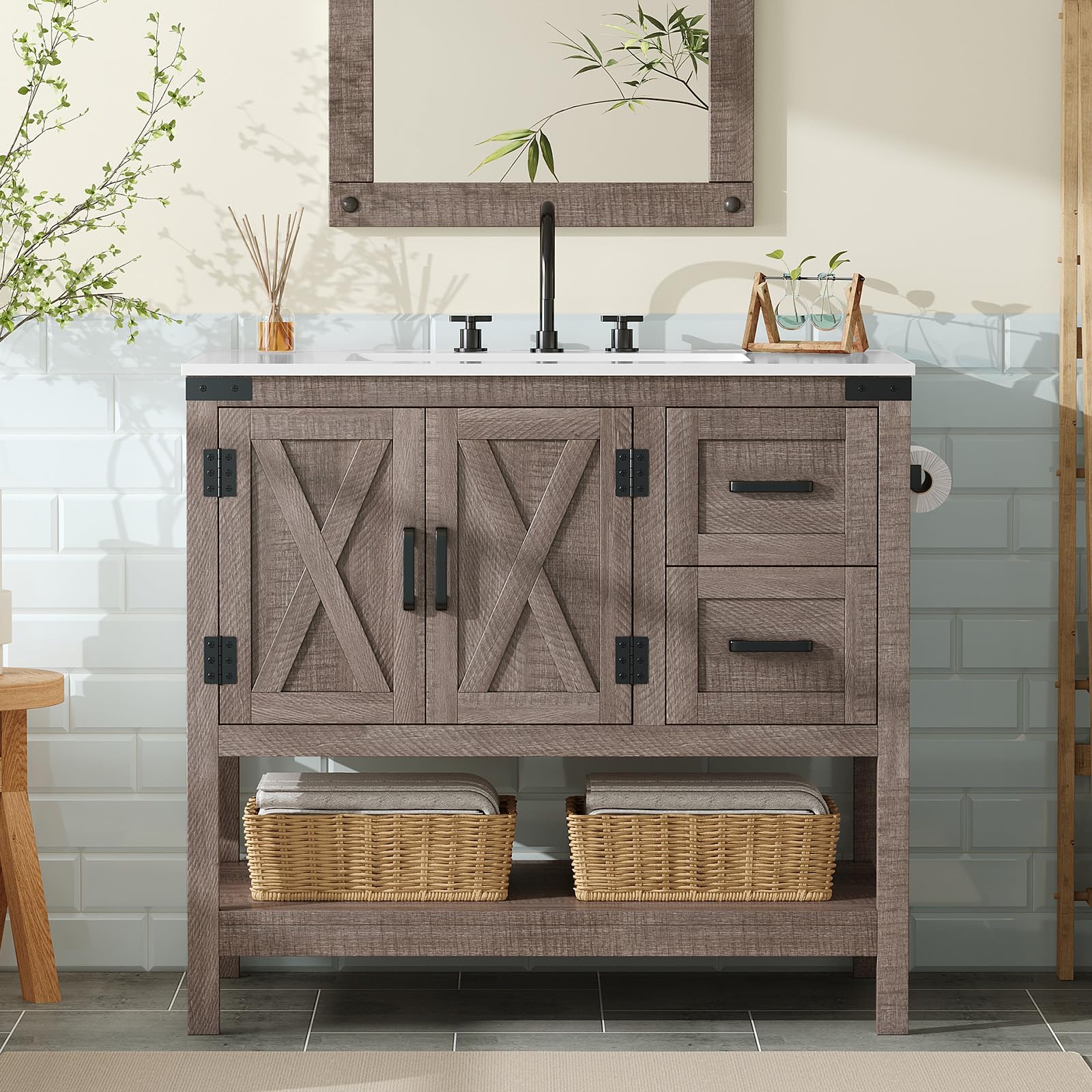 36" Farmhouse Bathroom Vanity with Sink Combo, Wood Barn Door Freestanding Small Single Bath Storage Cabinet