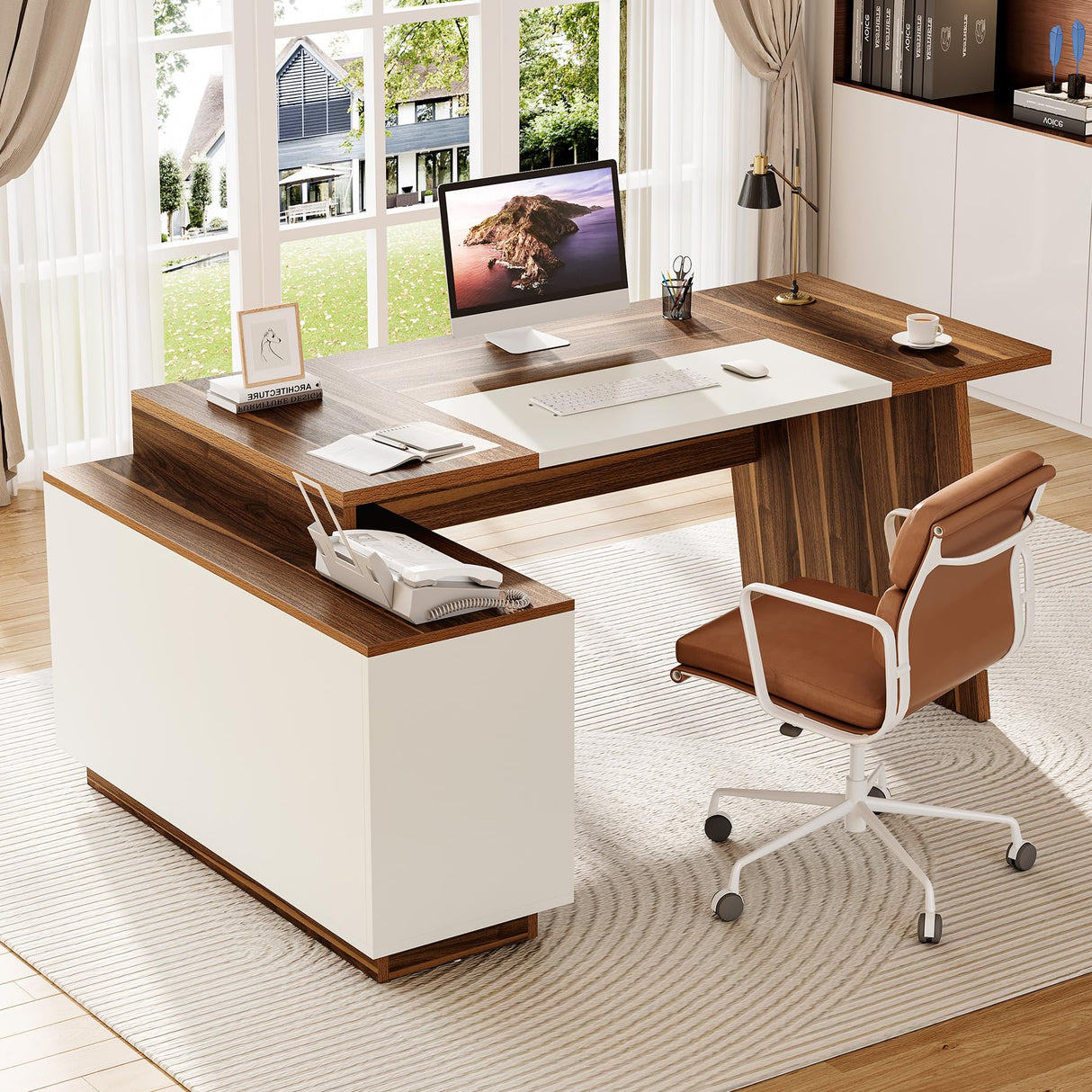70.5-Inch Executive Desk, Large Home Office Desk with Storage Cabinet and Open Shelves,