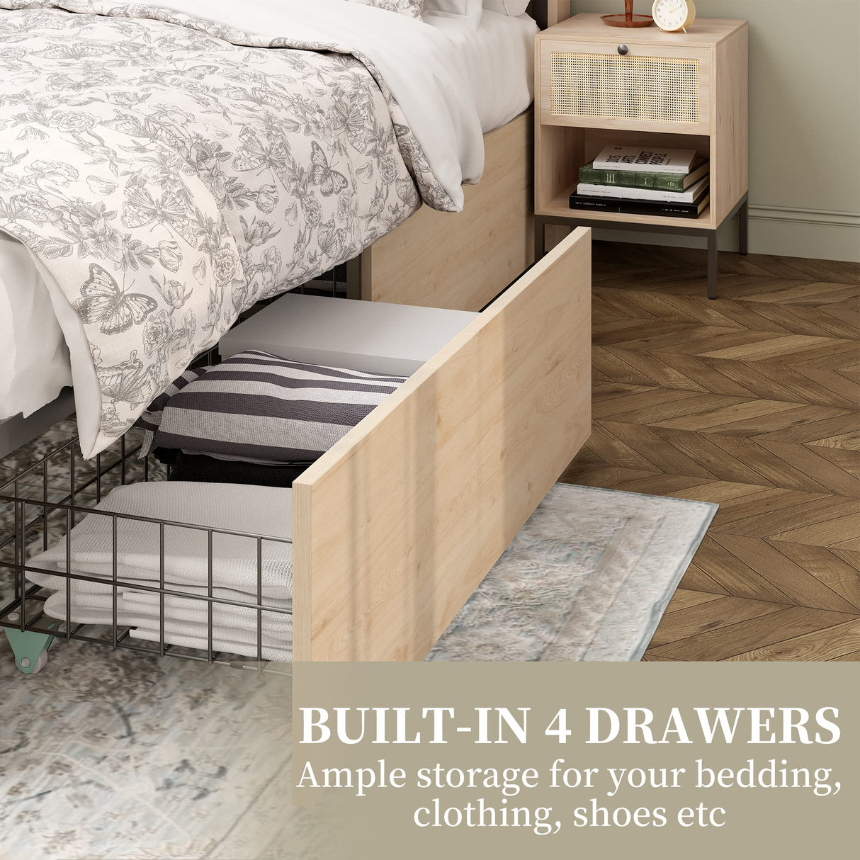 Yechen Queen Bed Frame – Natural Rattan Headboard, Metal Frame + 4 Storage Drawers