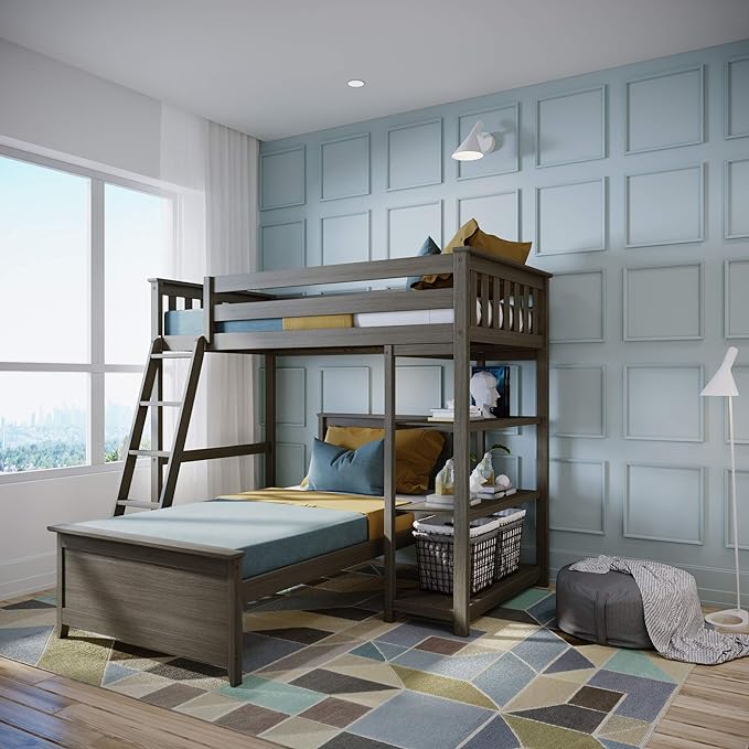 L Shape Twin over Full Bunk Bed with Bookcase