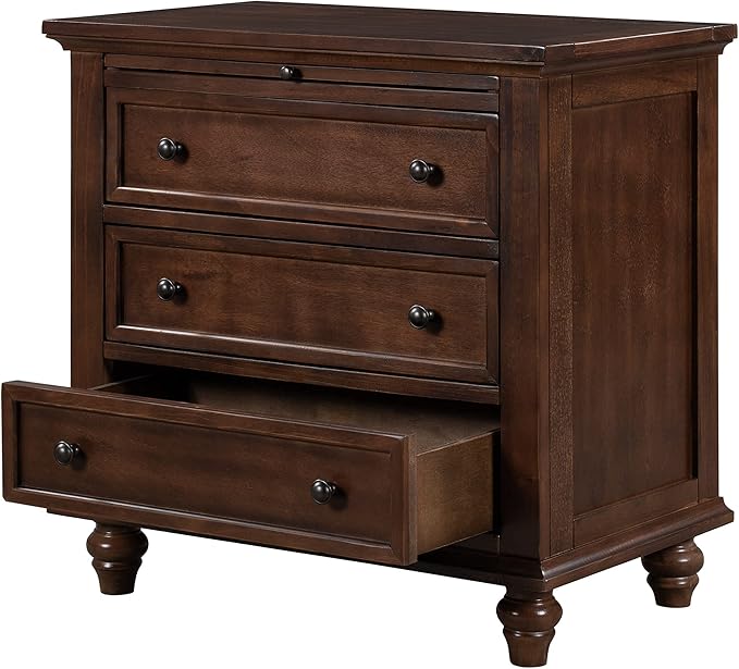 Nightstand with Pull-Out Tray, Wooden Bedside Night Stand