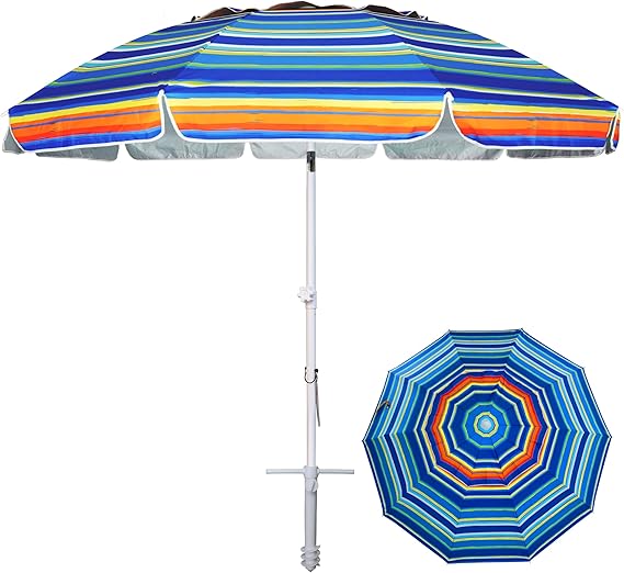 8 Feet Large Beach Umbrella with Sand Anchor Heavy Duty High Wind Portable Outdoor