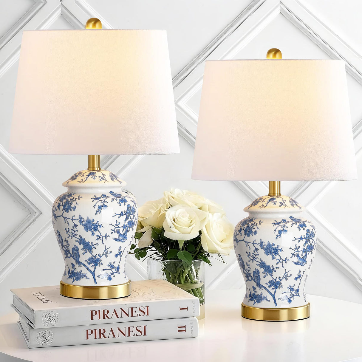 Chinoiserie Ceramic Table Lamps Set of 2 - 22" Blue and White Bedside Lamps