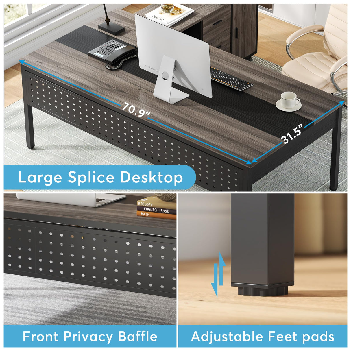 70.8" Executive Desk with Lateral File Cabinet, Modern Thickened Wooden Workstation L-Shaped Computer Desk Large Home Office Writing Desk for Home Office