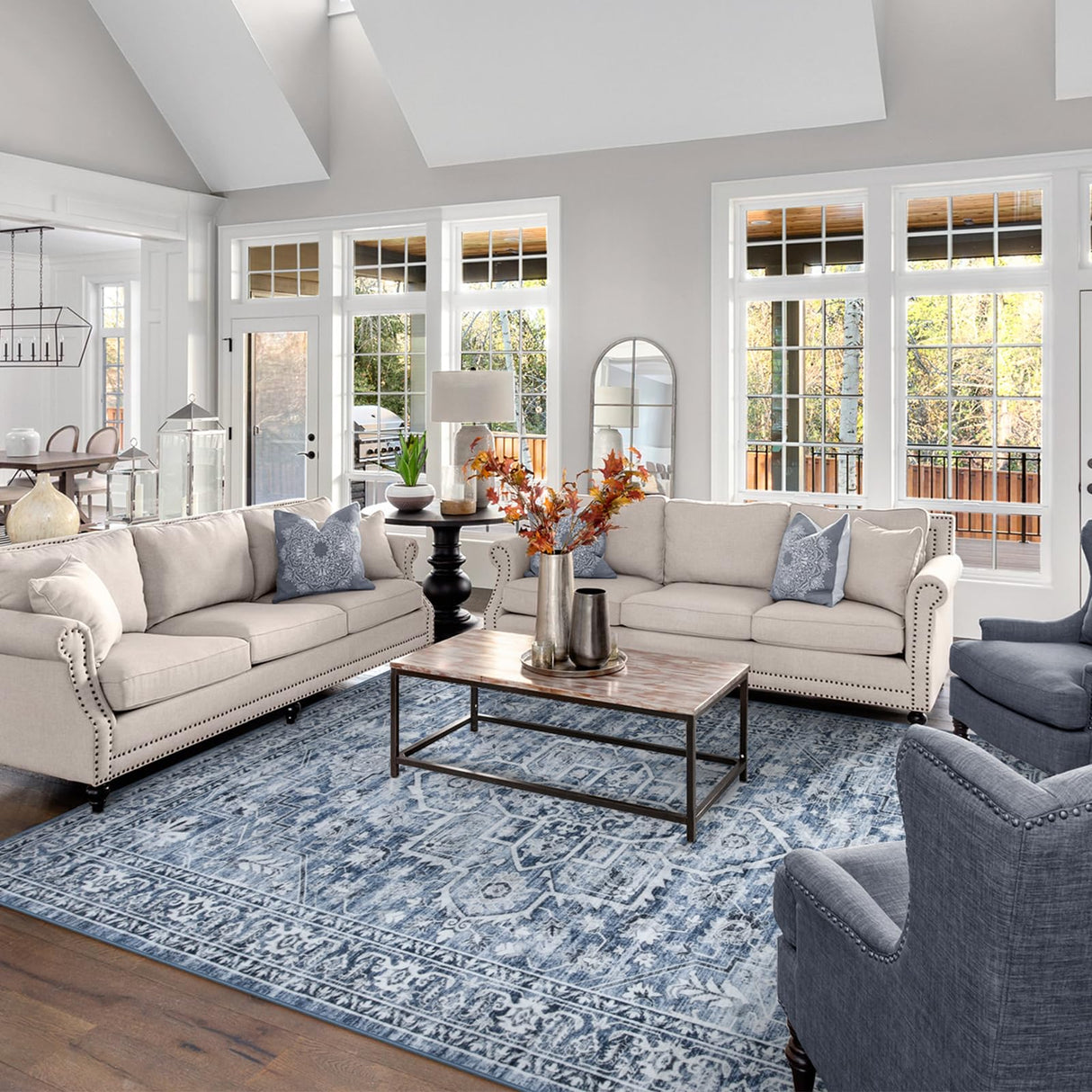 Oriental Washable Rugs 8x10, Blue 8x10 Area Rugs for Living Room Soft Ultra-Thin