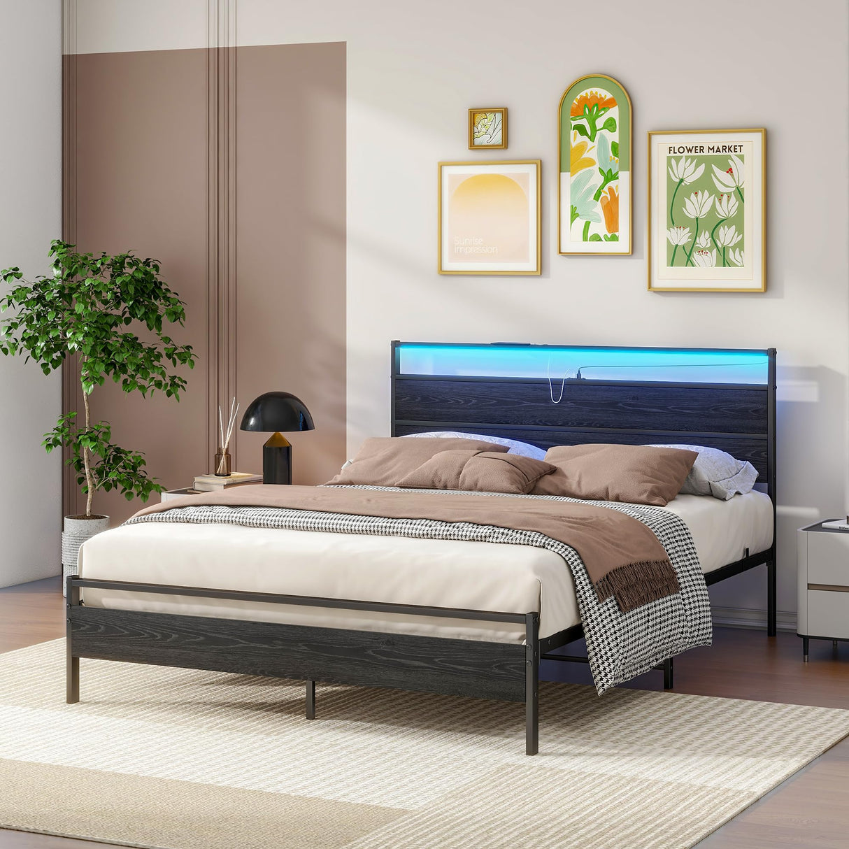 Queen Metal Platform Bed Frame with LED Headboard & USB Charging