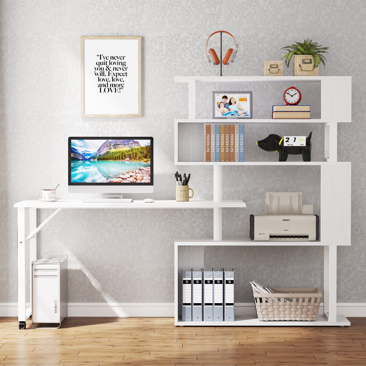 Rotating Computer Desk with 5 Shelves Bookshelf, Modern L-Shaped Corner Desk