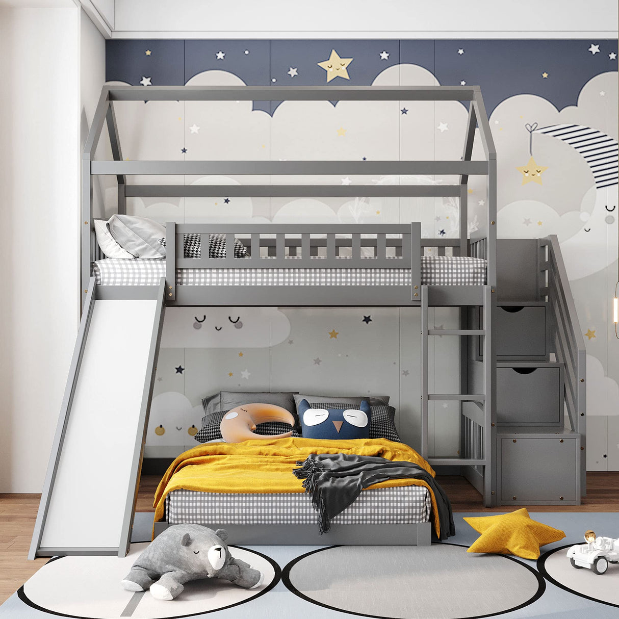 Twin Bunk Bed with Slide, Solid Wood Bunk Loft Bed Frame with Two Drawers Stairs