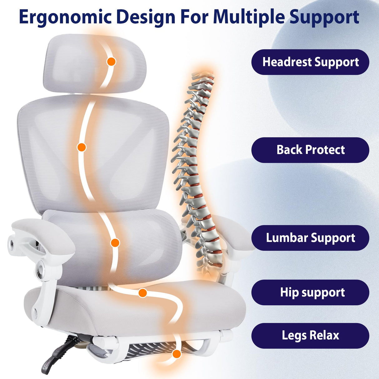 Office Computer Chair with Footrest, Mesh Swivel Backrest, Adjustable Backrest and Lumbar Support, Comfortable Adjustable Headrest with Armrests for Home