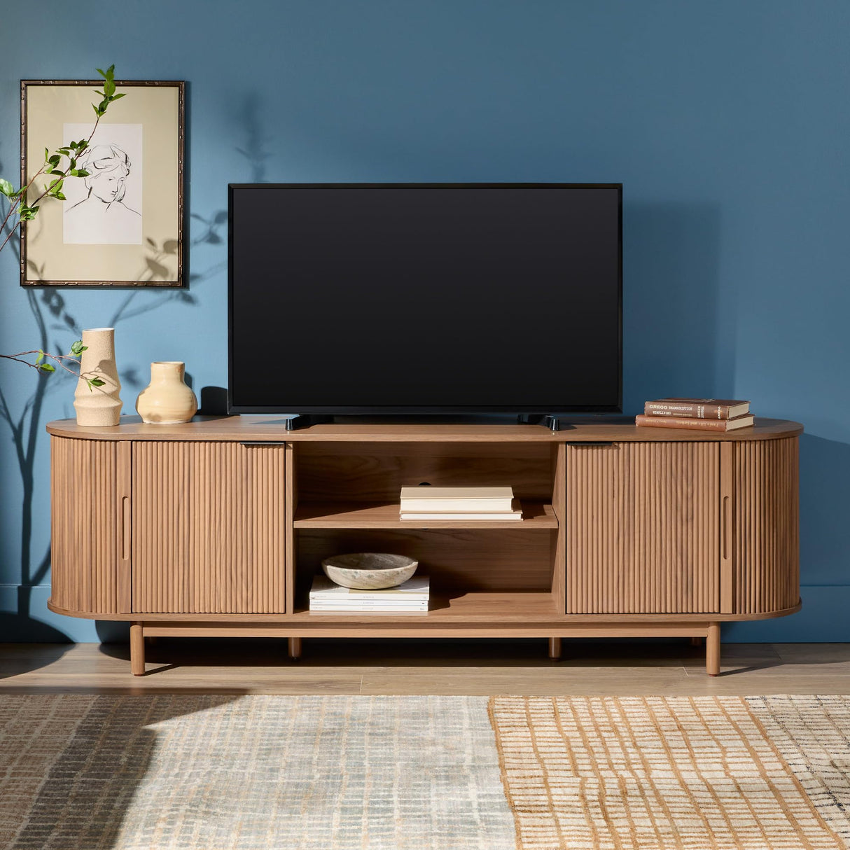 Modern Curved Reeded TV Stand for TVs up to 75 Inches
