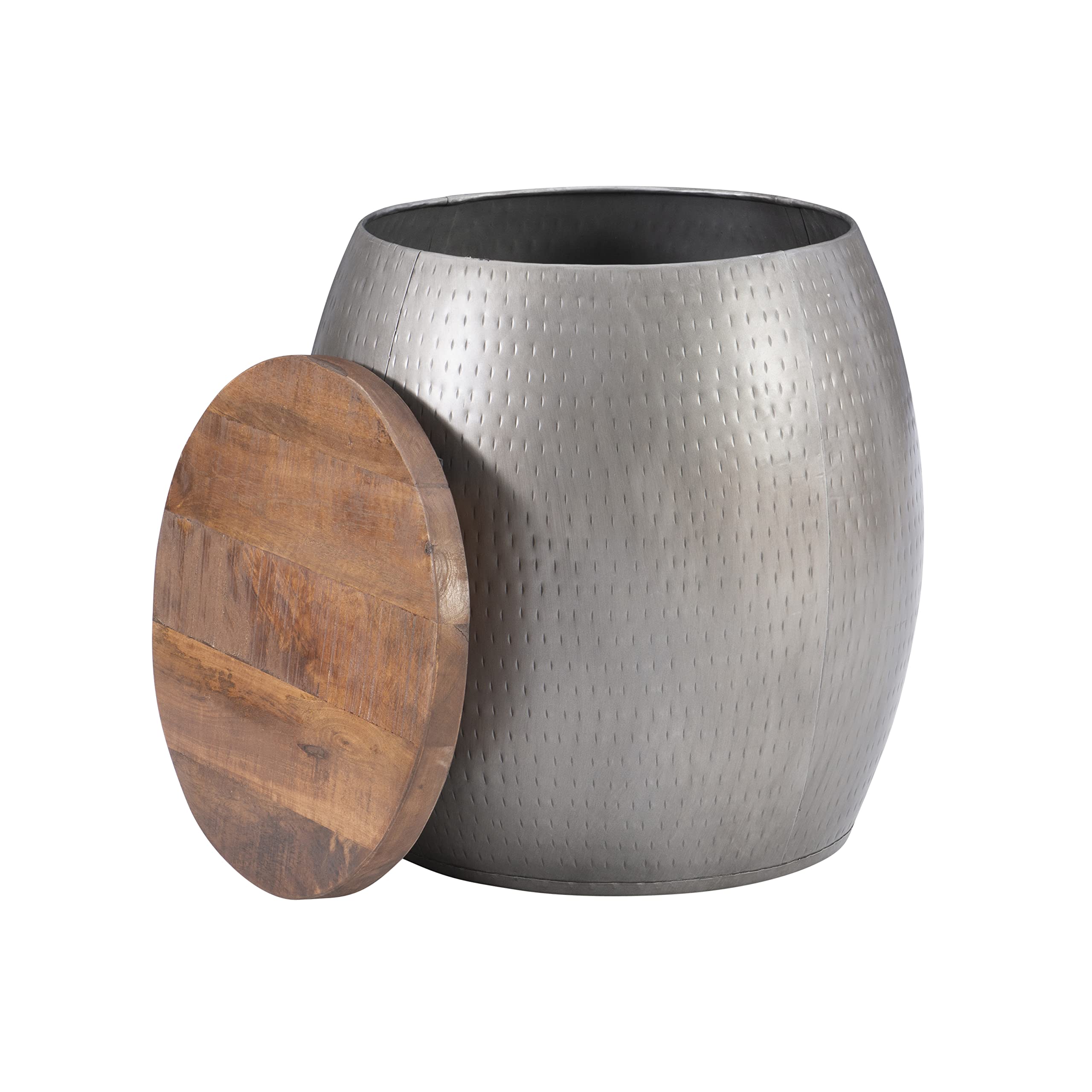 Pewter Hammered Metal Round Storage and Wood Top Janice Drum Side Table
