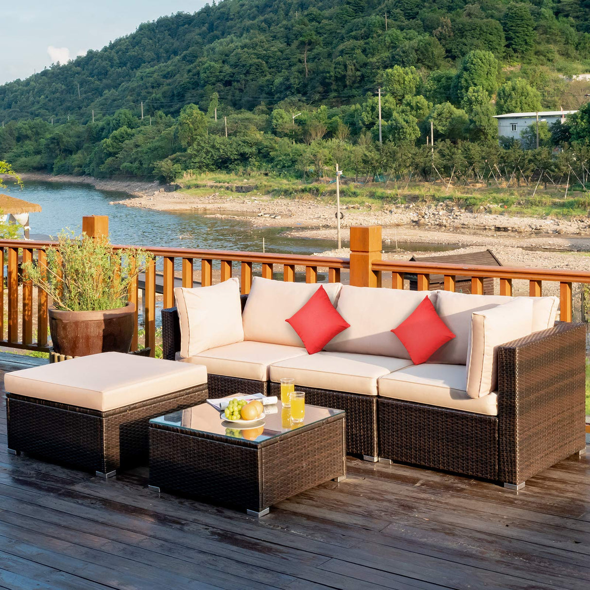 5-Piece Outdoor Patio Furniture Set, Glass Top Coffee Table and Lounge Sofa
