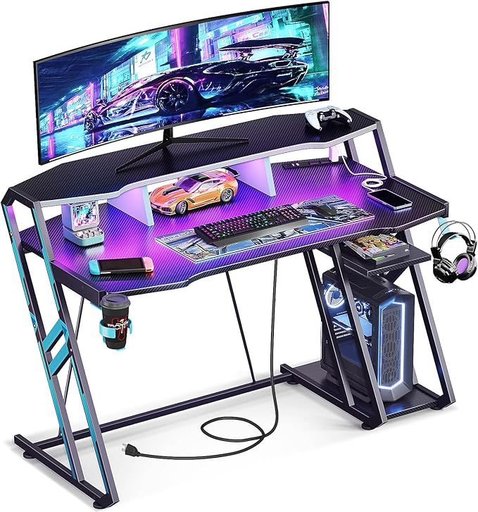 Gaming Desk with Power Outlet & LED Lights, Gaming Computer Desk 47inch with PC