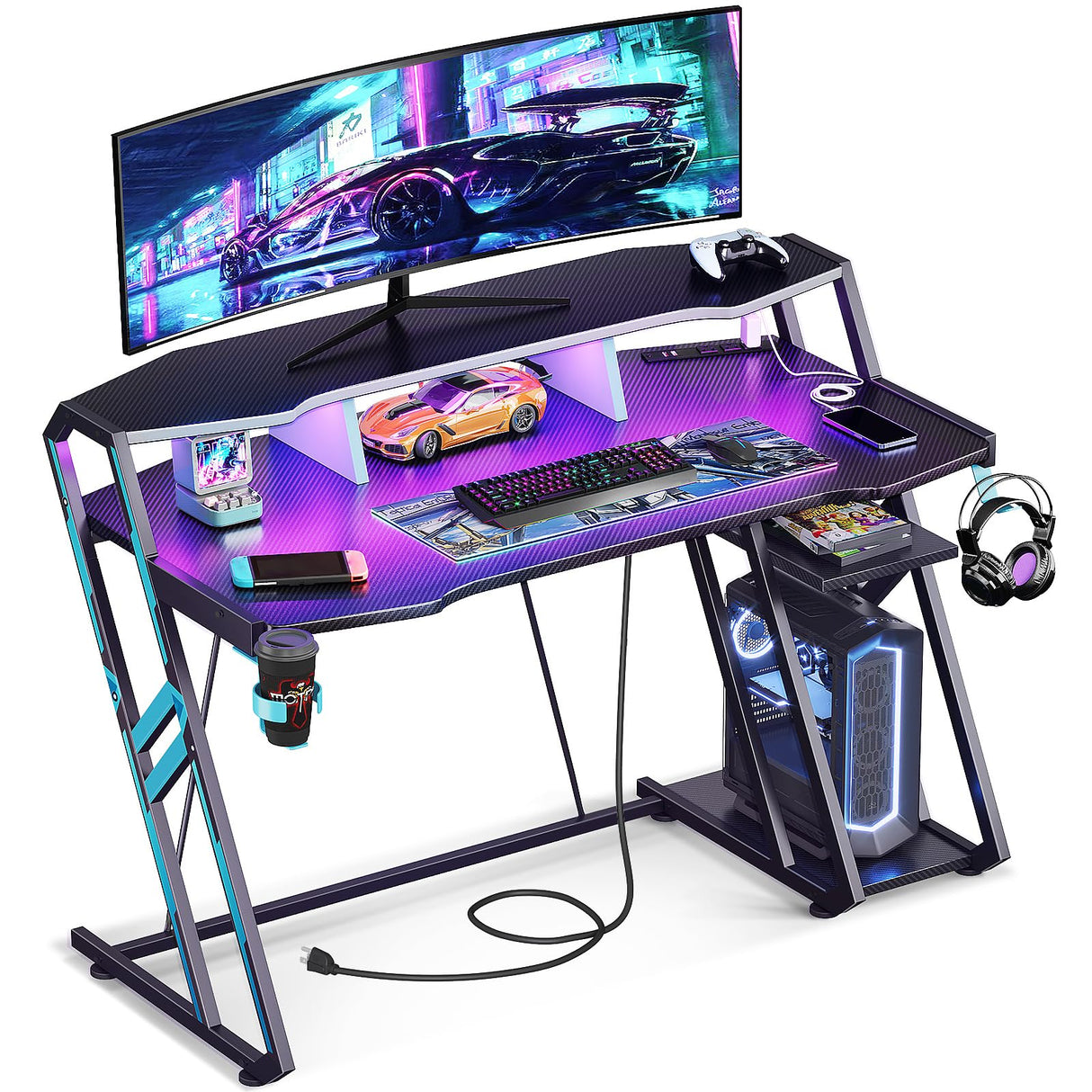 Gaming Desk with Power Outlet & LED Lights, Gaming Computer Desk 47inch with PC