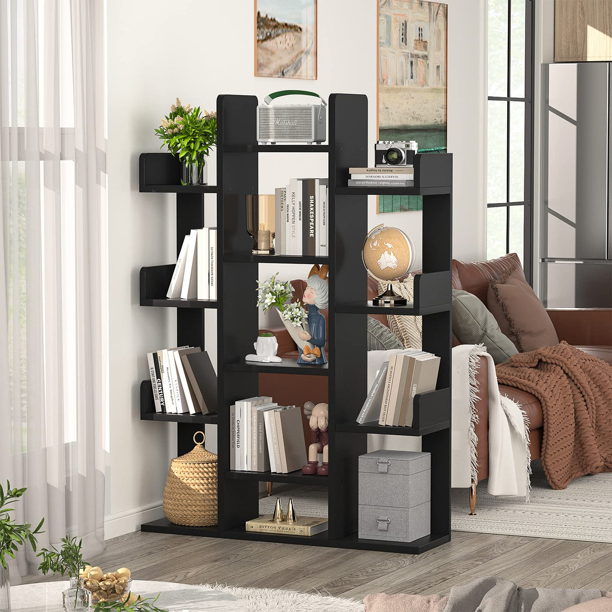 Tree-Shaped Bookcase Storage Shelf with 13 compartments, Books Organizer Display Cube Shelves, Industrial Free Floor Standing Wood Open Bookshelves, Black