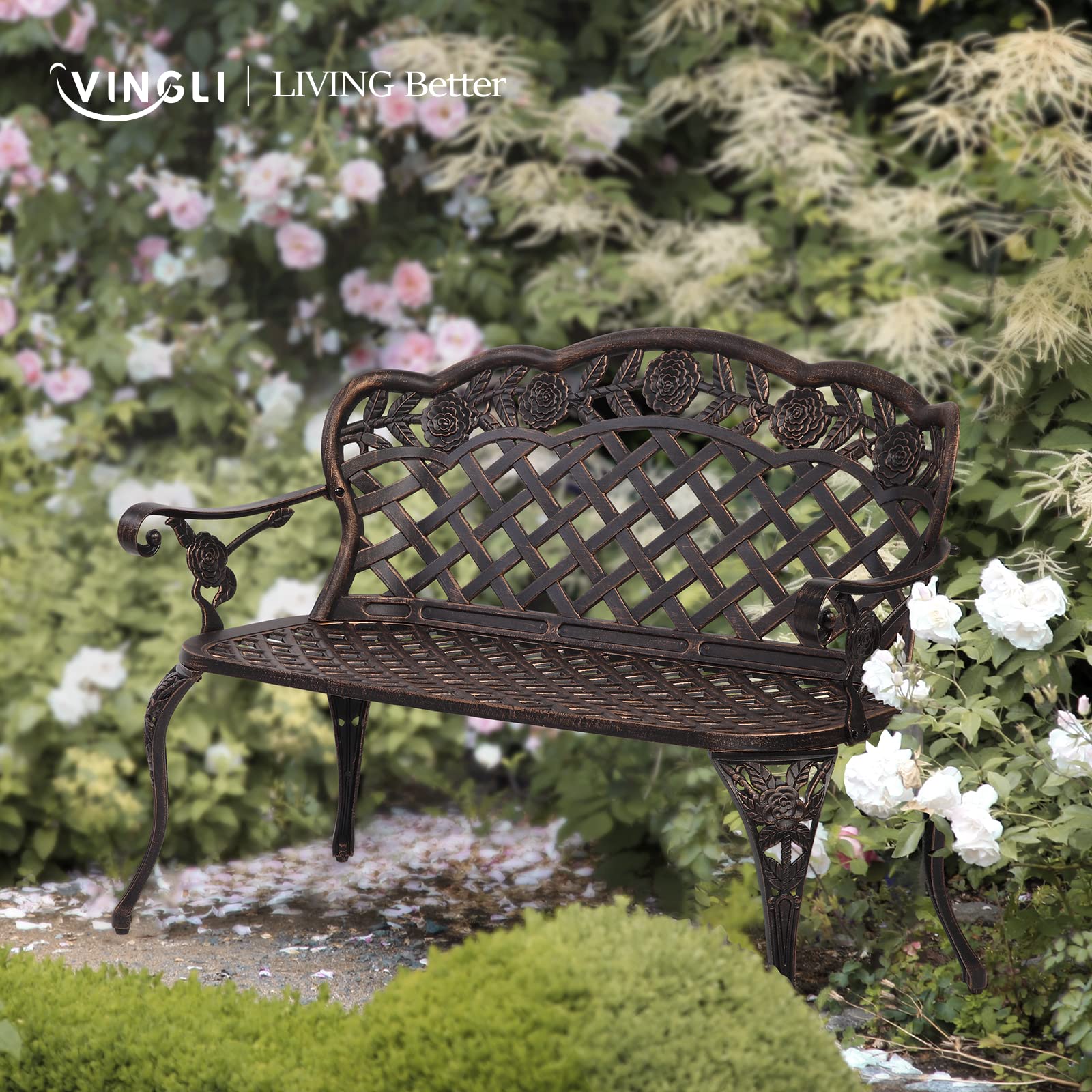 42.5" Patio Garden Bench Outdoor Metal Rose Loveseat