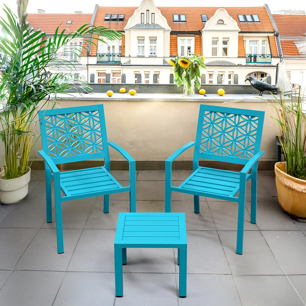 3-Piece Outdoor Bistro Set, Stackable Modern Metal Steel Table and Chairs