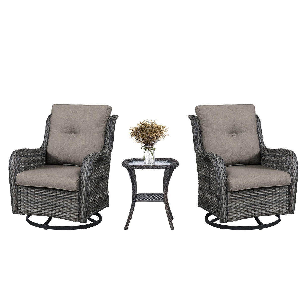 3 PCS Patio Furniture Set - Mixed Grey Wicker Swivel Rocking Chair Set with Side Table