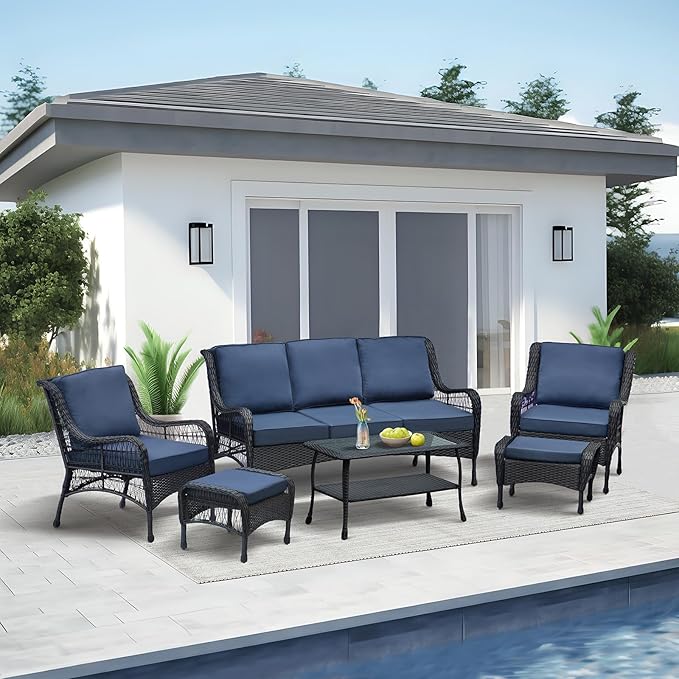 Set of 2 Wicker Ottomans, Outdoor Wicker Footstool with Soft Zippered Cushions