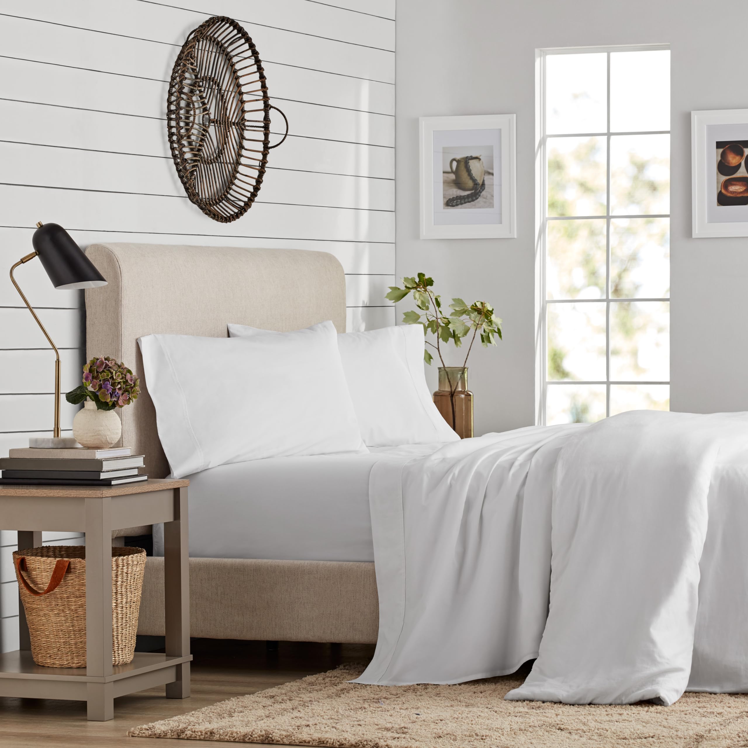 100% Cotton Sheets, White Queen Bed, 400 Thread Count Percale Weave Cooling Sheets,