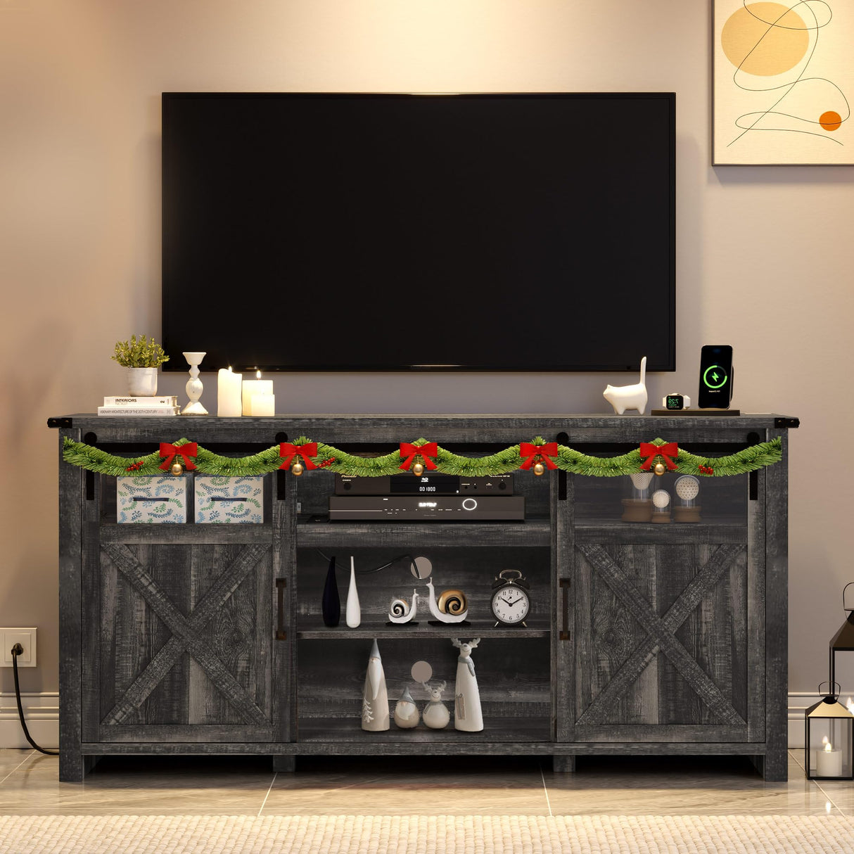 Farmhouse TV Stand for up to 75 Inch TV, Entertainment Center with Storage Cabinet,