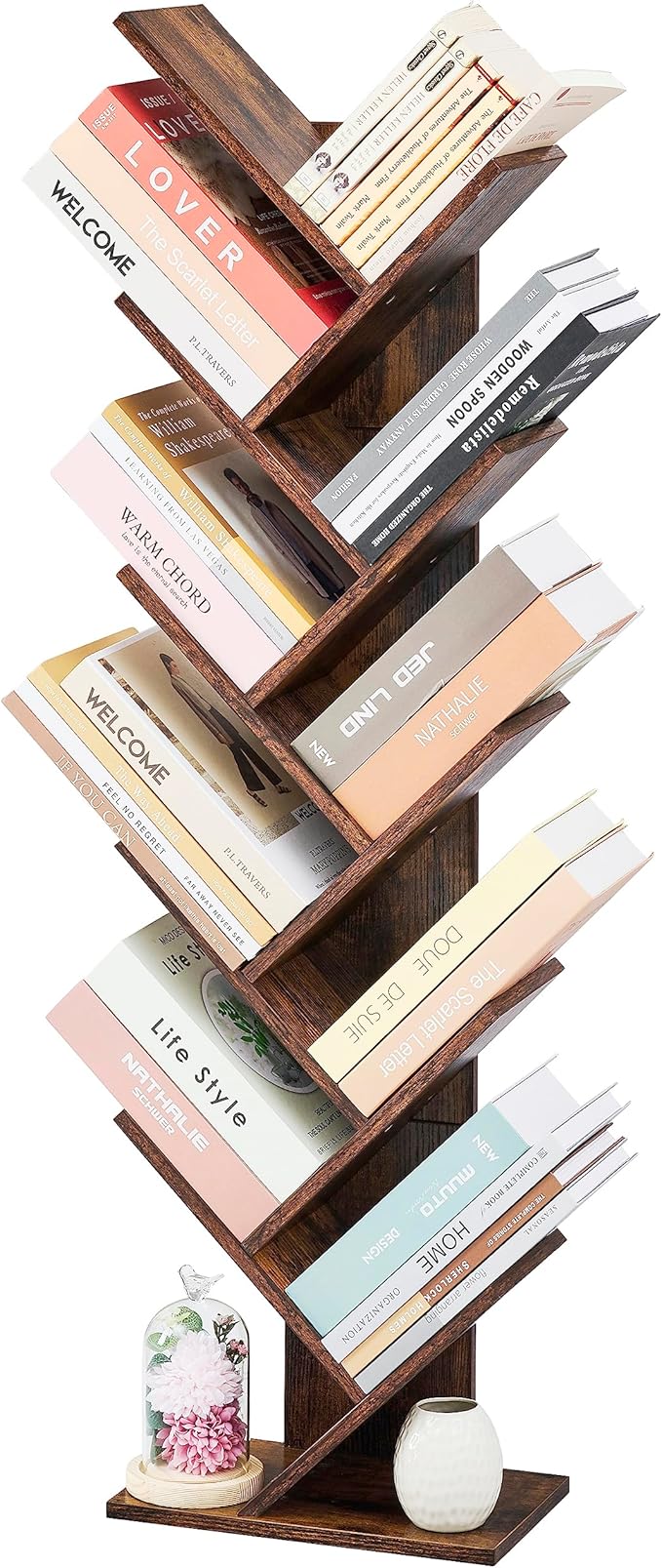 10 Tier Tree Bookshelf, 10 Shelf Bookcase, Free Standing Tree Bookcase, Display Floor Standing Shelf for Books