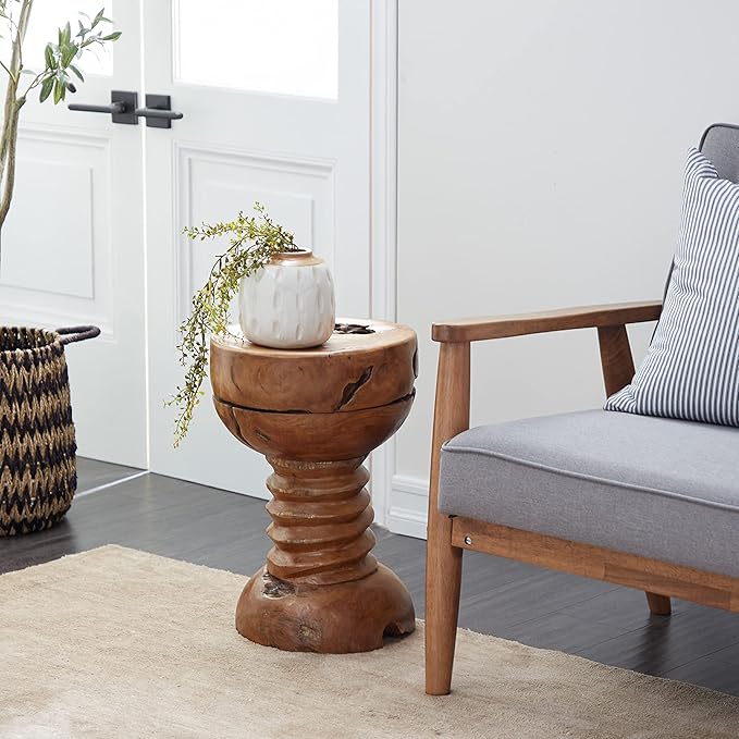 Teak Wood Handmade Live Edge Accent Table with Coiled Base, 13" x 13" x 19", Brown