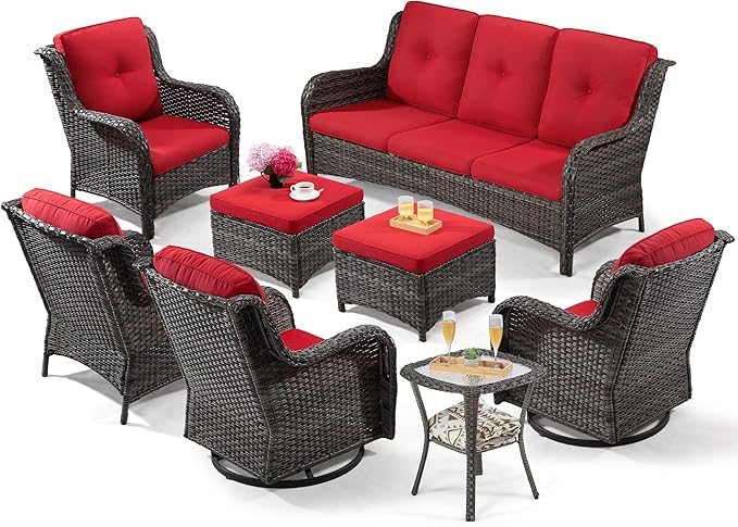 5 Piece Outdoor Patio Furniture Set Wicker Conversation Bistro Set Swivel Rocking Chairs with Side Table and Ottomans for Backyard, Porch, Deck(Mixed Grey/Orange)