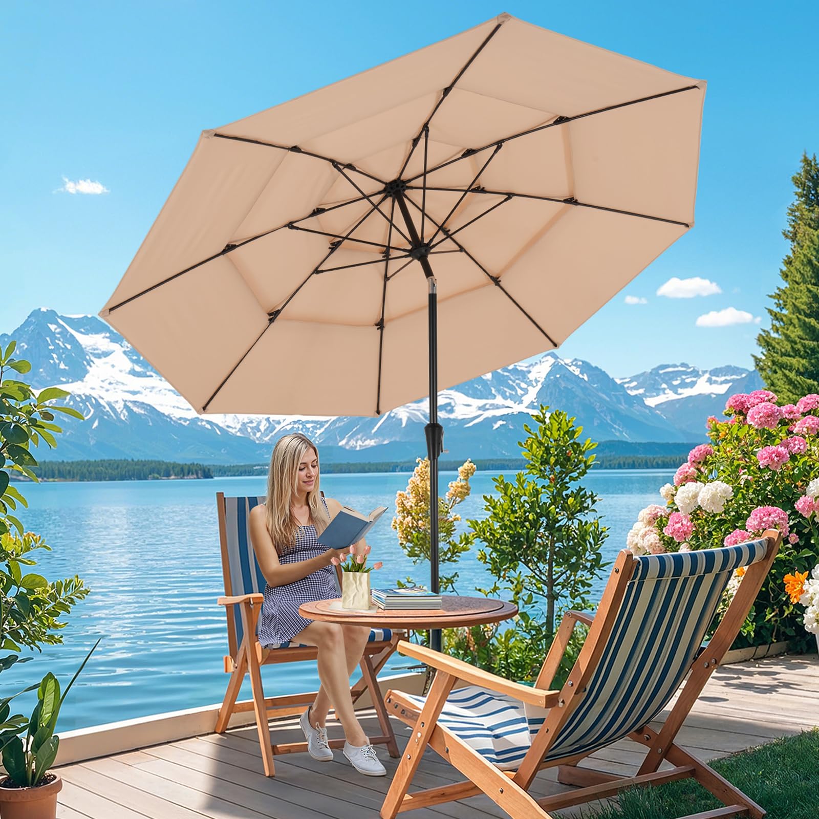 10 FT Patio Umbrella, 3 Tier Outdoor Table Umbrella with 8 Sturdy Glass Fiber Ribs