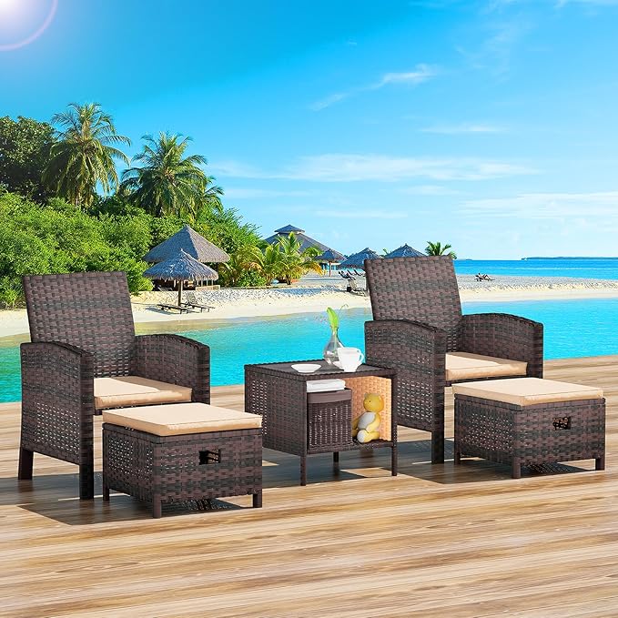 Balcony Furniture 5 Piece Patio Conversation Set, PE Wicker Rattan Outdoor Lounge Chairs