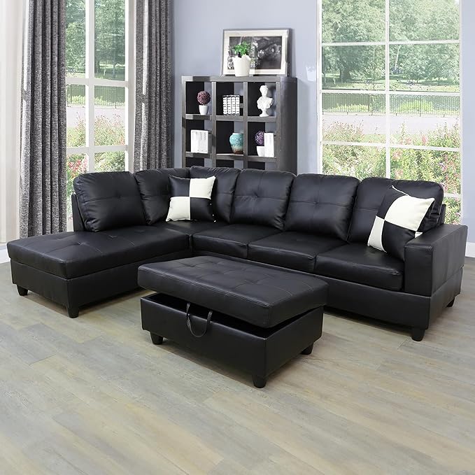 Sectional Set L Shape Couch, Faux Leather 5-seat Sofa