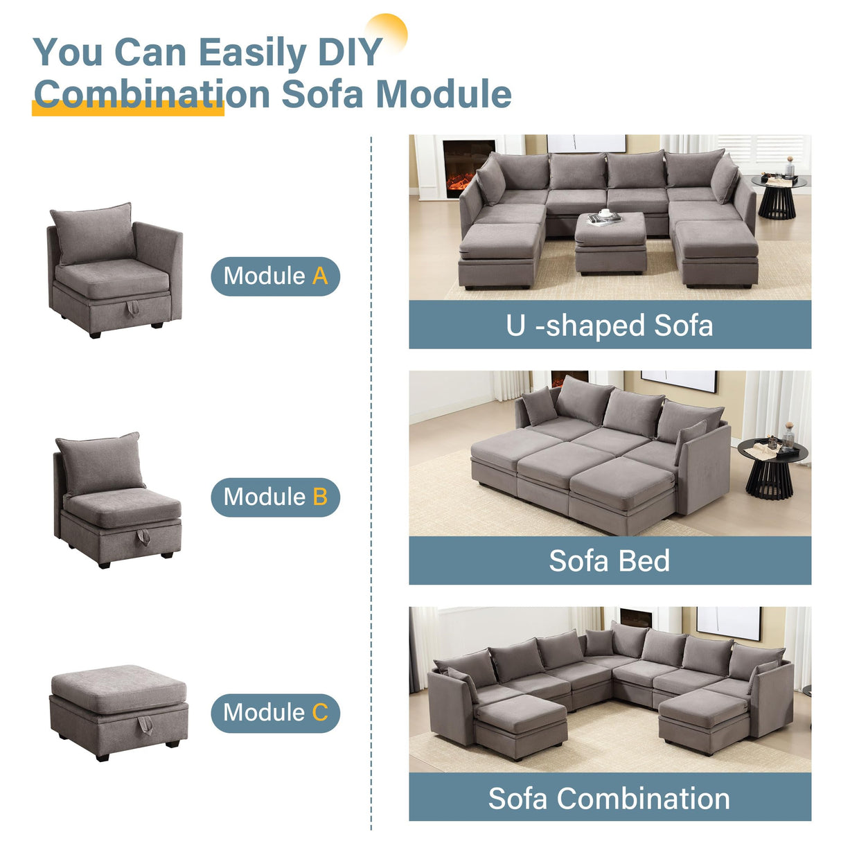 Modular Sectional Sofa, Convertible U Shaped Sofa Couch with Storage