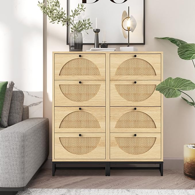 4 Drawer Rattan Dresser with Metal Legs - Natural Oak Storage Cabinet for Bedroom