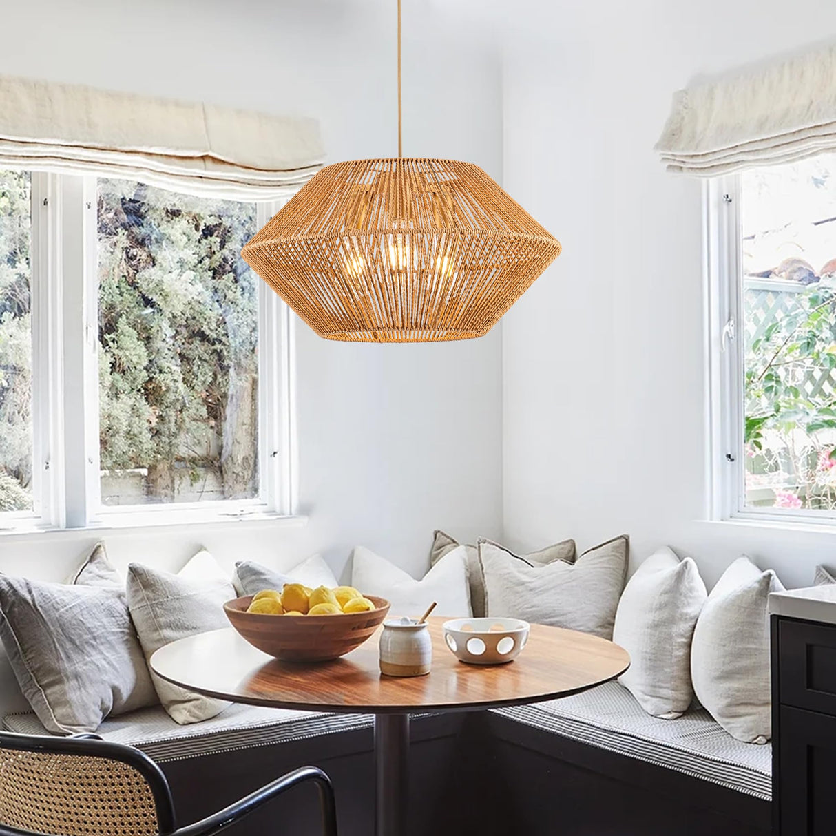 Woven Rattan Pendant Light, 19.5 Inch 3-Light Hemp Rope Boho Chandelier