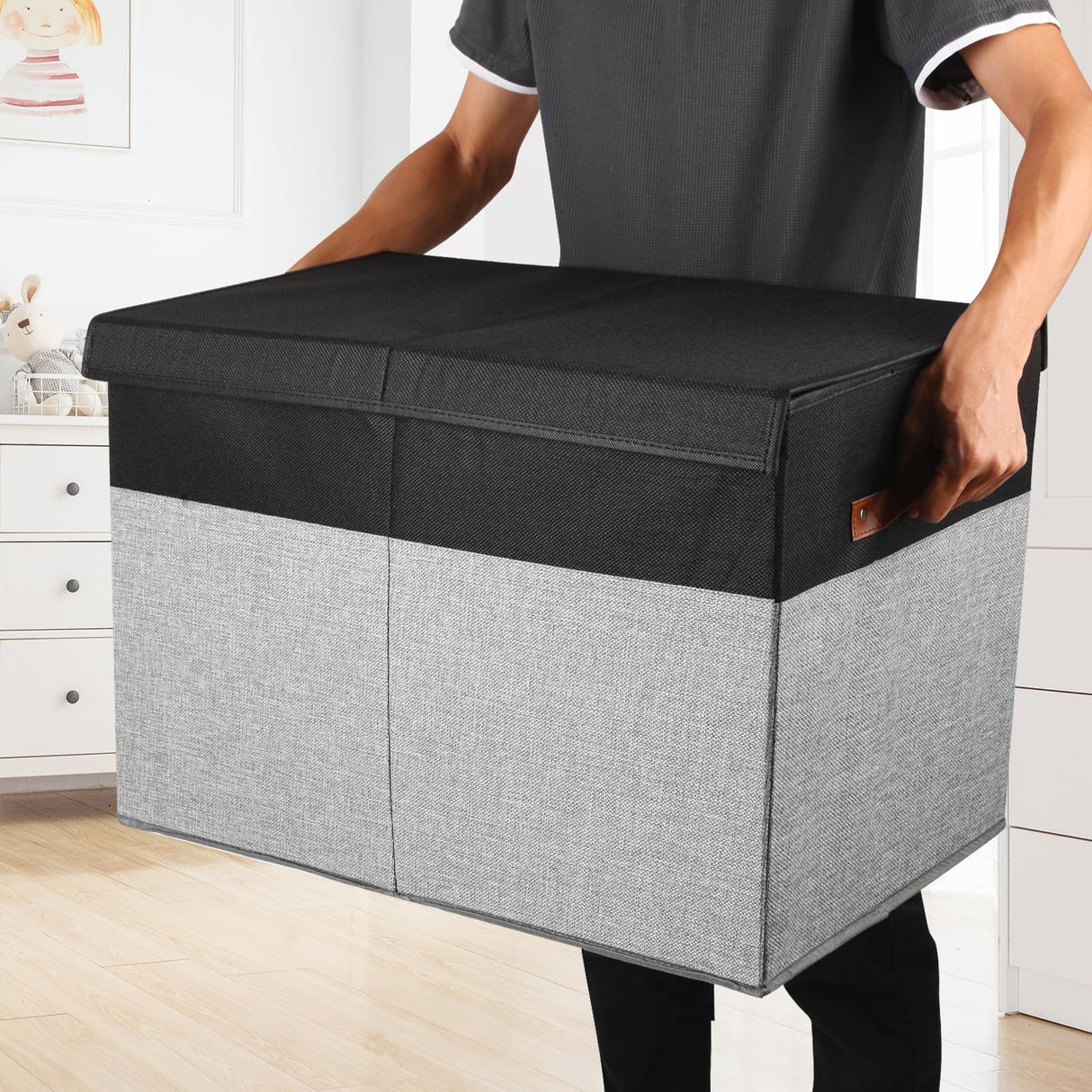 Large Toy Storage Box with Lid, Sturdy Toys Storage Chest Bin Organizer Basket with Dividers for Kids, Boys, Girls, Nursery, Closet, Bedroom, Playroom 25"x13" x16" (Black and Grey)
