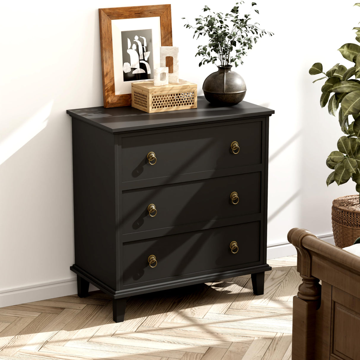 Large Black Nightstand with Charging Station, 3 Drawers Nightstand 29.8" X 27.6"