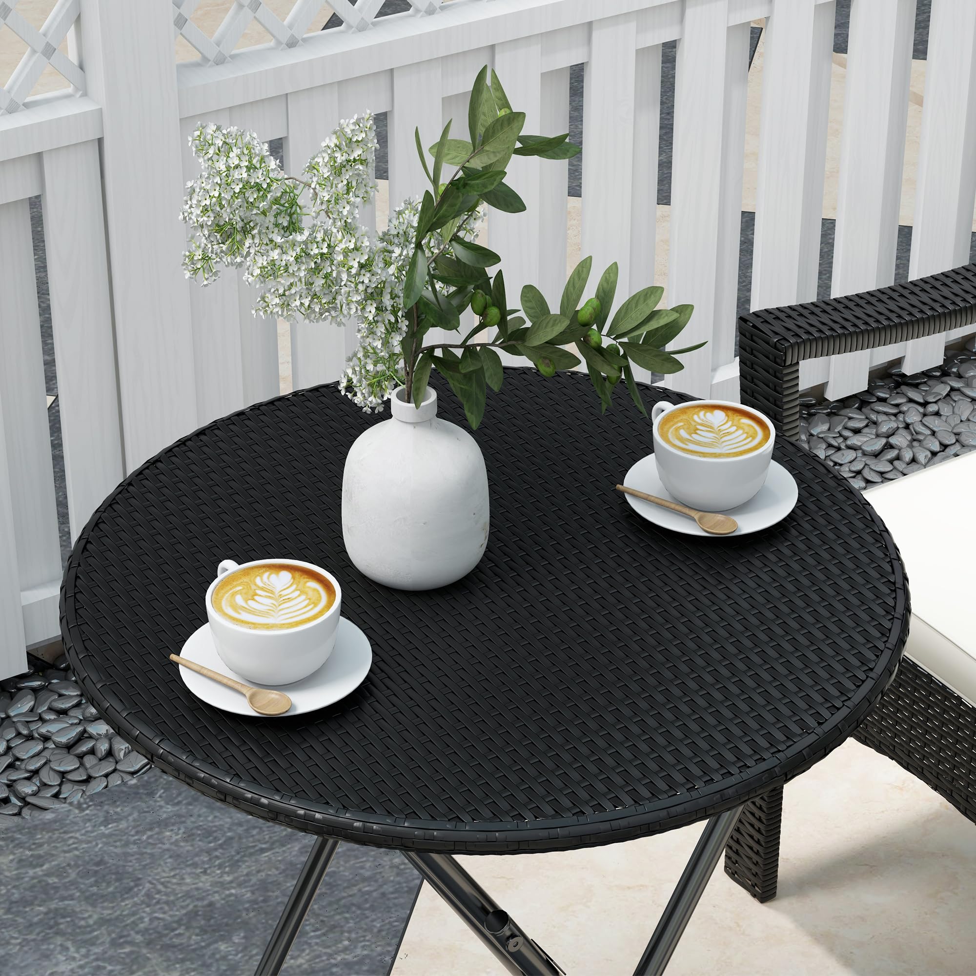 Outsunny 3 Pieces Wicker Outdoor Bistro Set, Rattan Patio Furniture Set with Folding Coffee Table, Porch Chairs with Cushions for Backyard, Balcony, Garden, White