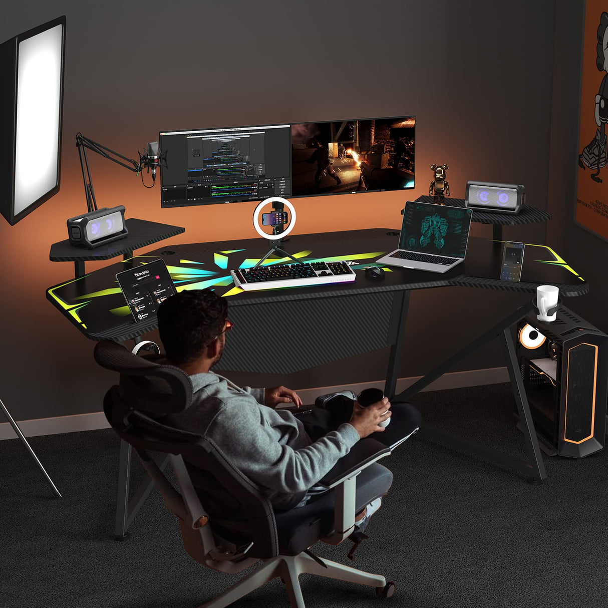 Gaming Desk with Removable Speaker Stand, 72'' Large Studio Wing-Shaped Gaming
