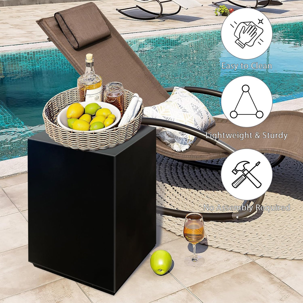 Modern Concrete Square Side Table, Garden and Patio Outdoor Accent Table, Living Room End Table, Bedroom Bedside Table, Pool Coffee Decorative (Black) - Bircata